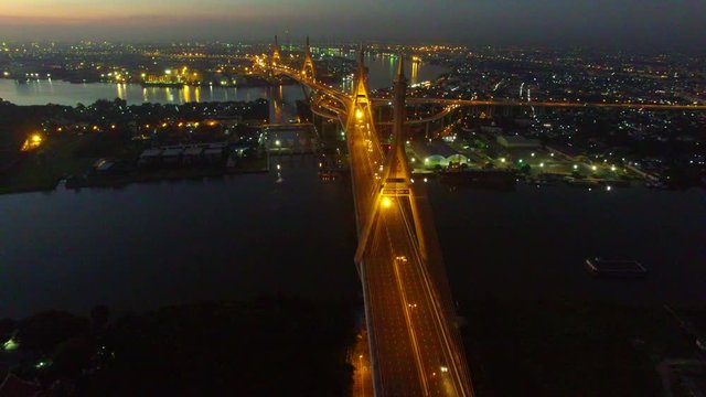 aerial view of bhumibol bridge important landmark and traffic transportation in bangkok thailand