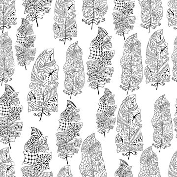 Vector seamless texture with abstract feathers. Endless background. Boho seamless pattern. Vector backdrop. Monochrome pattern. Summer template. Use for wallpaper, web page background