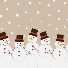 Lower frame with cheerful snowmen on a beige background. Snowman with a hat on his head, hands-branches, the nose - carrot. Background snowflakes.