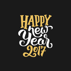 Obraz premium Happy New Year 2017 greeting card design. Festive vector illustration with typography. Decoration element for winter holidays party with white and golden text greetings on black background.