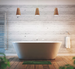 Vasca da bagno lusso su parquet con tappeto e termo-arredo render 3d