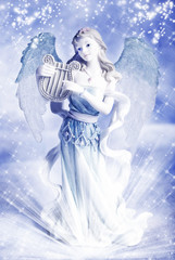 Christmas angel archangel over blue winter backround with flakes of snow, white stars and rays of light