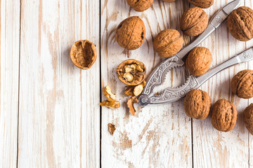 Whole walnuts background. Close up, top view.