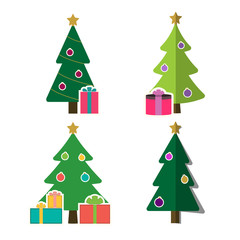 Christmas tree cartoon icons set. Green flat silhouette decoration trees signs isolated on white background. Symbol of holiday, winter, gifts, Christmas celebration, New Year Vector illustration