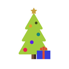Christmas tree with balls, star, gift. Cartoon icon. Green silhouette decoration sign, isolated on white background. Flat design. Symbol holiday, Christmas, New Year celebration Vector illustration