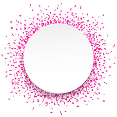 White round paper banner on bright and shiny pink confetti background. Vector illustration.