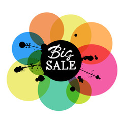 Big Sale handwritten Inscription and black ink splatter on colorful background. Lettering for sale tag, special offer banner, label. 
