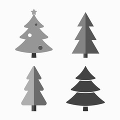 Christmas tree cartoon icons set. Black silhouette decoration trees signs, isolated on white background. Flat design. Symbol of holiday, winter, Christmas celebration, New Year Vector illustration