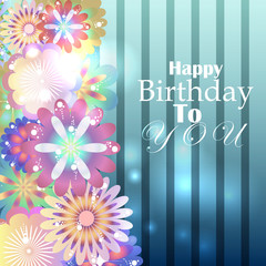 Birthday card with stripped blue background and floral elements