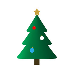 Christmas tree with balls, star. Cartoon icon. Green silhouette decoration sign, isolated on white background. Flat design. Symbol of holiday, Christmas, New Year celebration. Vector illustration