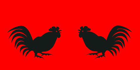 Black silhouettes fighting cocks on a red background