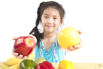 Fototapeta na wymiar Asian healthy girl showing happy expression with variety colorful fruit and vegetable isolated over white background