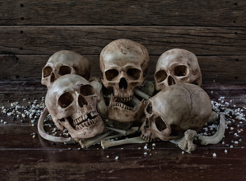 Pile of Skull and Bone on wooden table with pebble