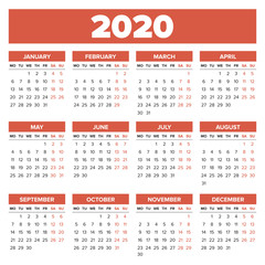 Simple 2020 year calendar