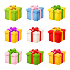 Vector set of colorful gift boxes with ribbons and bows isolated on a white background.