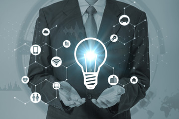 business person and inspiration symbol, various industry and technology icons, technological concept abstract
