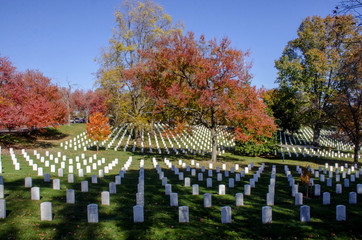 Rows of white headstones create complex patterns at Arlington Na