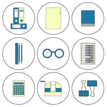 Tools bookkeeper Vector illustration Set of icons of working tools of the bookkeeper: folders, stickers, stationery, counting machine Thin line