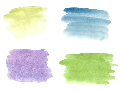 Watercolor, brushstrokes of different colors. Shaded fragments of acid yellow, purple, turquoise and light green colours