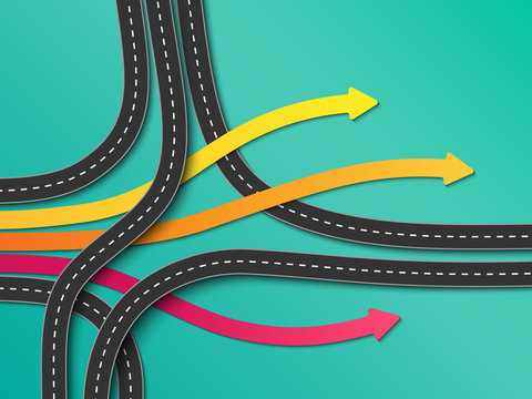 Road trip and Journey route. Business and Journey Infographic. Stylish Serpentine in the form of arrows. Winding roads on a colorful background. Vector EPS 10