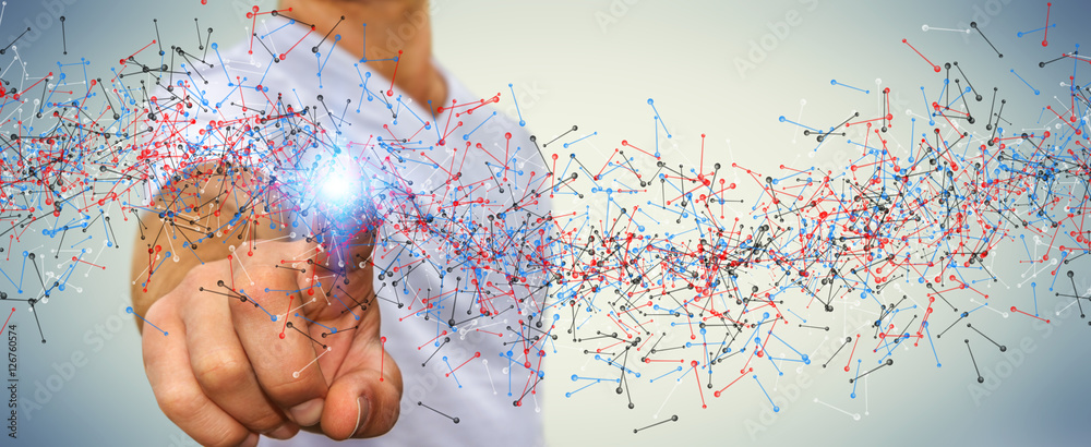 Poster man touching dna structure with his finger