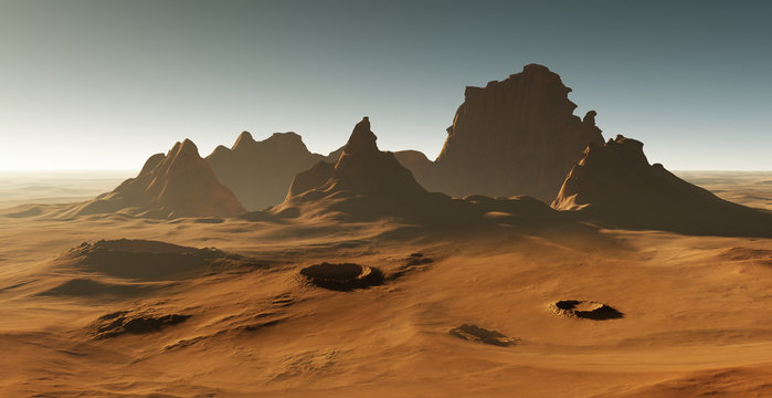 Martian landscape. Sunset on Mars. 3D rendering