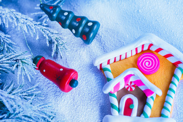 Christmas background with snow, toys and firtree