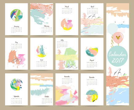 Colorful cute monthly calendar 2017 with pink,blue,green color.C