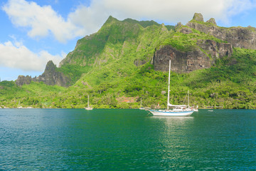 Beautiful sea and sailing boat in Moorae Island at Tahiti , PAPE