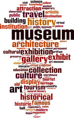 Obraz premium Museum word cloud concept. Vector illustration