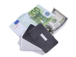 Paper money in card on white background
