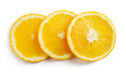Orange slices isolated on white, from above