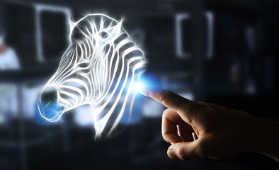 Person touching fractal endangered zebra illustration 3D renderi
