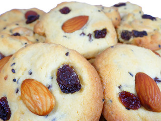 Pile of Almond Raisin Butter Cookies, Closed up for Background, Texture, 
