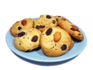 Plate of Almond Raisin Butter Cookies Isolated on White Background 