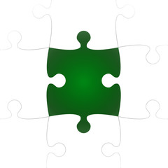 White Puzzle Pieces with One Green Missing.