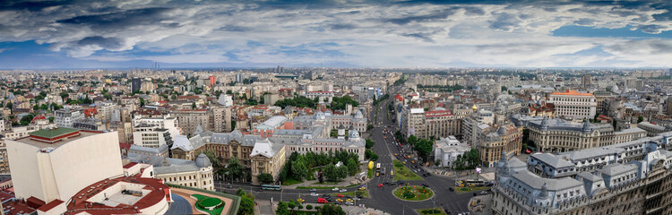 Fototapeta na wymiar Aerial Panorama over Bucharest, Romania. Photo taken from the University Square.