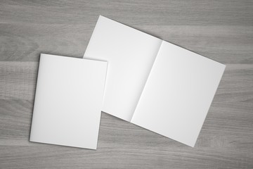 Blank open 3D illustration wood textured magazine mockup with cover