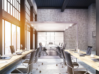 Open office with glass board room in New York, toned
