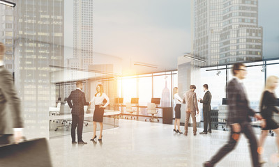 Obraz premium People walking in office. Cityscape on the foreground, toned