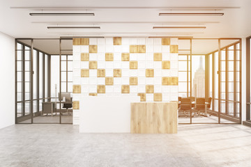 Office lobby with tiled white and wooden wall, toned