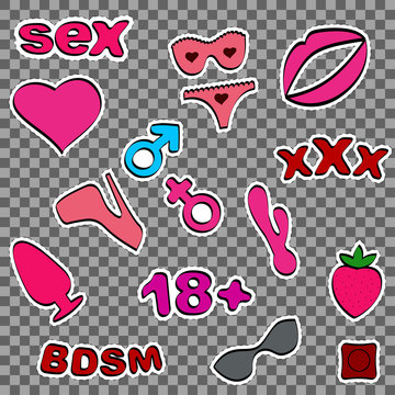 Sex set patch badge. Design elements for sex toys industry. Bdsm. Intim shop colorful icon. Vector illustration