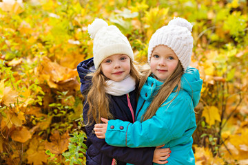 Two lovely girlfriends in autumn park