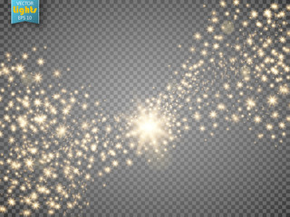 Gold glittering star dust trail sparkling particles on transparent background. Space comet tail. Vector glamour fashion illustration.