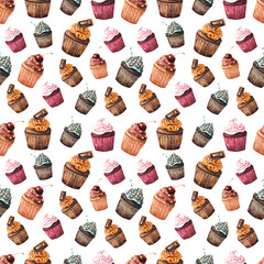 Seamless pattern with watercolor cupcakes on white background