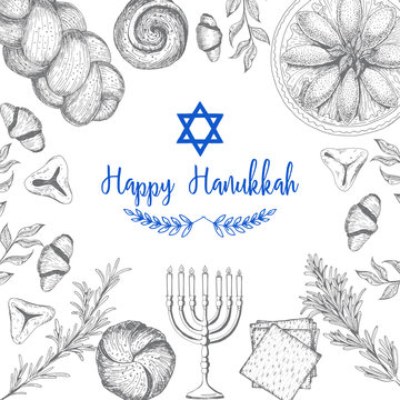 Card For Jewish Holiday, Hanukkah. Hand Drawn Sketch Hanukkah. Vector Illustration. Linear Graphic