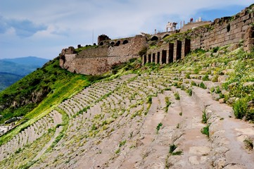 Ancient theatre in Turkey/Stone steps and pillars of the ruins of the ancient theatre. Filmed during the tour of the Mediterranean world and the Middle East. Central Turkey