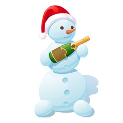 снеговик в красно-белой новогодней шапке, с бутылкой шампанского в руках