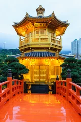 Fotobehang The Pavilion of Absolute Perfection (Golden Pagoda) in Nan Lian Garden at Diamond Hill in Hong Kong vertical view © Wilding