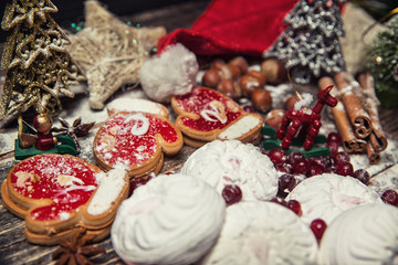 Christmas or New Year dark wooden background, Xmas brown board f